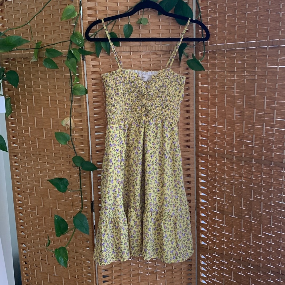 Saints and hearts mini yellow summer dress with purple flowers. Cowgirl core